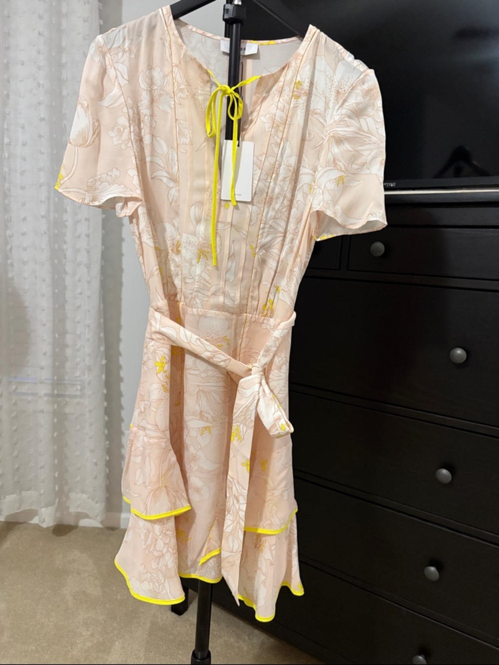 Reiss Blush Floral Dress with Neon Yellow Trim